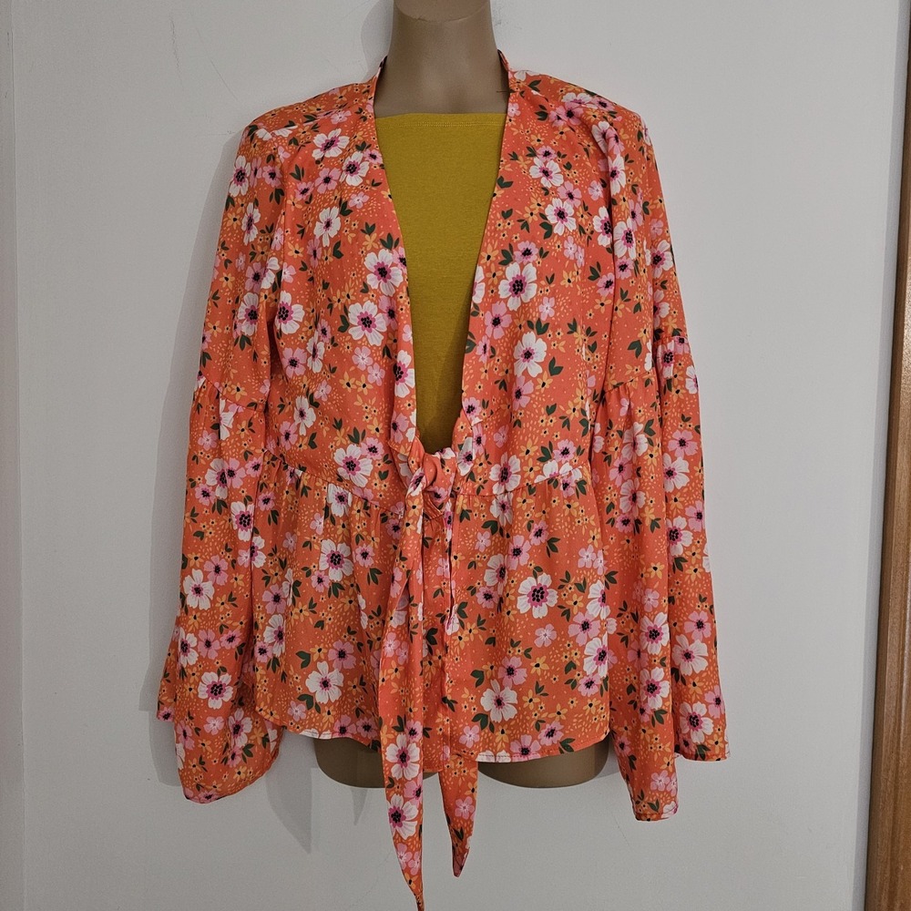 Boohoo Orange Floral Tie Front Blouse Cover Up Jacket Size 14‎ Wide Sleeve